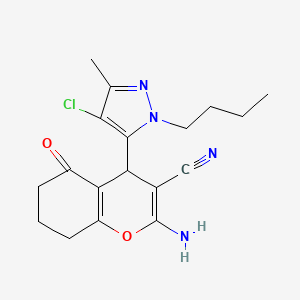 molecular formula C18H21ClN4O2 B10912126 2-Amino-4-(1-butyl-4-chloro-3-methyl-1H-pyrazol-5-YL)-5-oxo-5,6,7,8-tetrahydro-4H-chromen-3-YL cyanide 