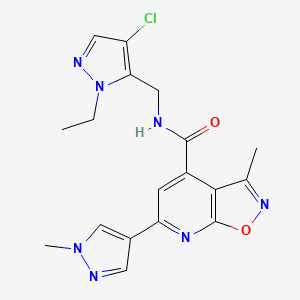 molecular formula C18H18ClN7O2 B10912790 N-[(4-chloro-1-ethyl-1H-pyrazol-5-yl)methyl]-3-methyl-6-(1-methyl-1H-pyrazol-4-yl)[1,2]oxazolo[5,4-b]pyridine-4-carboxamide 