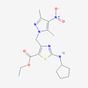 molecular formula C17H23N5O4S B10913375 ethyl 2-(cyclopentylamino)-4-[(3,5-dimethyl-4-nitro-1H-pyrazol-1-yl)methyl]-1,3-thiazole-5-carboxylate 