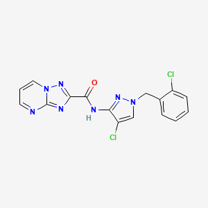 molecular formula C16H11Cl2N7O B10913395 N-[4-chloro-1-(2-chlorobenzyl)-1H-pyrazol-3-yl][1,2,4]triazolo[1,5-a]pyrimidine-2-carboxamide 
