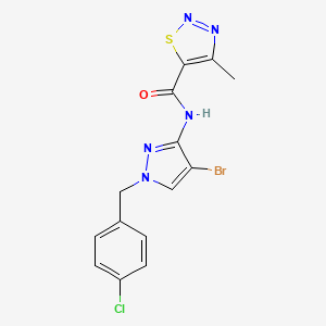 molecular formula C14H11BrClN5OS B10915377 N-[4-bromo-1-(4-chlorobenzyl)-1H-pyrazol-3-yl]-4-methyl-1,2,3-thiadiazole-5-carboxamide 