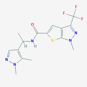 molecular formula C15H16F3N5OS B10915681 N-[1-(1,5-dimethyl-1H-pyrazol-4-yl)ethyl]-1-methyl-3-(trifluoromethyl)-1H-thieno[2,3-c]pyrazole-5-carboxamide 