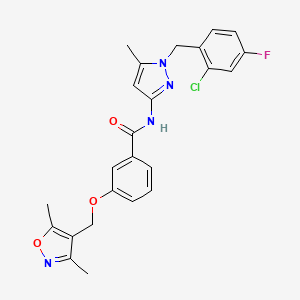 molecular formula C24H22ClFN4O3 B10915701 N-[1-(2-chloro-4-fluorobenzyl)-5-methyl-1H-pyrazol-3-yl]-3-[(3,5-dimethyl-1,2-oxazol-4-yl)methoxy]benzamide 