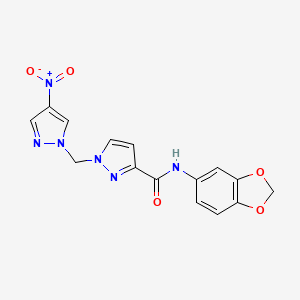 molecular formula C15H12N6O5 B10915762 N-(1,3-benzodioxol-5-yl)-1-[(4-nitro-1H-pyrazol-1-yl)methyl]-1H-pyrazole-3-carboxamide 