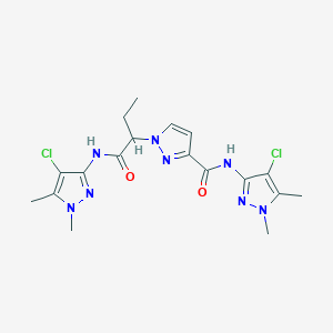 molecular formula C18H22Cl2N8O2 B10915839 N-(4-chloro-1,5-dimethyl-1H-pyrazol-3-yl)-1-{1-[(4-chloro-1,5-dimethyl-1H-pyrazol-3-yl)amino]-1-oxobutan-2-yl}-1H-pyrazole-3-carboxamide 