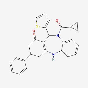 molecular formula C27H24N2O2S B10916418 Cyclopropyl[1-hydroxy-3-phenyl-11-(2-thienyl)-2,3,4,11-tetrahydro-10H-dibenzo[B,E][1,4]diazepin-10-YL]methanone 
