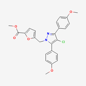 molecular formula C24H21ClN2O5 B10917103 methyl 5-{[4-chloro-3,5-bis(4-methoxyphenyl)-1H-pyrazol-1-yl]methyl}furan-2-carboxylate 