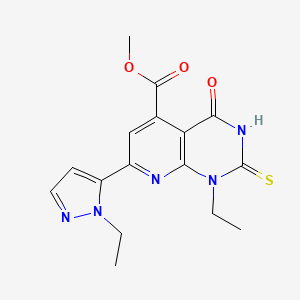 molecular formula C16H17N5O3S B10917584 methyl 1-ethyl-7-(1-ethyl-1H-pyrazol-5-yl)-4-oxo-2-sulfanyl-1,4-dihydropyrido[2,3-d]pyrimidine-5-carboxylate 