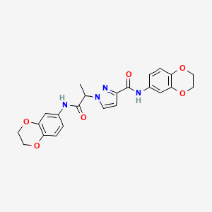 molecular formula C23H22N4O6 B10917587 N-(2,3-dihydro-1,4-benzodioxin-6-yl)-1-[1-(2,3-dihydro-1,4-benzodioxin-6-ylamino)-1-oxopropan-2-yl]-1H-pyrazole-3-carboxamide 