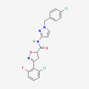 molecular formula C20H15Cl2FN4O2 B10919234 N-[1-(4-chlorobenzyl)-1H-pyrazol-3-yl]-3-(2-chloro-6-fluorophenyl)-4,5-dihydro-1,2-oxazole-5-carboxamide 