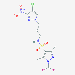 molecular formula C12H15ClF2N6O4S B10919704 N-[3-(4-chloro-3-nitro-1H-pyrazol-1-yl)propyl]-1-(difluoromethyl)-3,5-dimethyl-1H-pyrazole-4-sulfonamide 