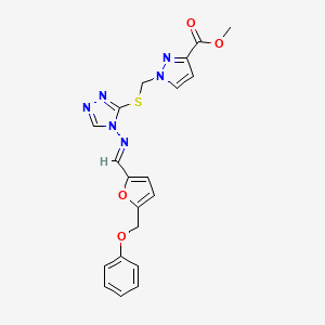 molecular formula C20H18N6O4S B10919729 methyl 1-({[4-({(E)-[5-(phenoxymethyl)furan-2-yl]methylidene}amino)-4H-1,2,4-triazol-3-yl]sulfanyl}methyl)-1H-pyrazole-3-carboxylate 