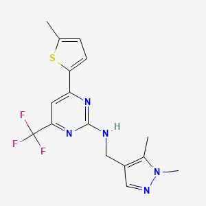 molecular formula C16H16F3N5S B10919735 N-[(1,5-dimethyl-1H-pyrazol-4-yl)methyl]-4-(5-methylthiophen-2-yl)-6-(trifluoromethyl)pyrimidin-2-amine 