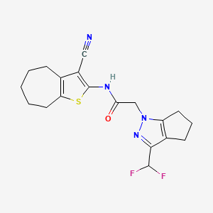 molecular formula C19H20F2N4OS B10919769 N-(3-cyano-5,6,7,8-tetrahydro-4H-cyclohepta[b]thiophen-2-yl)-2-[3-(difluoromethyl)-5,6-dihydrocyclopenta[c]pyrazol-1(4H)-yl]acetamide 