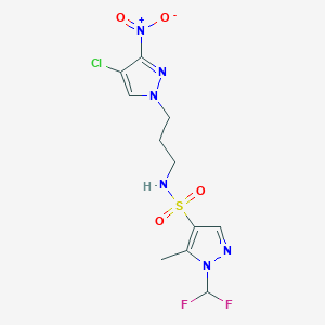 molecular formula C11H13ClF2N6O4S B10919887 N-[3-(4-chloro-3-nitro-1H-pyrazol-1-yl)propyl]-1-(difluoromethyl)-5-methyl-1H-pyrazole-4-sulfonamide 
