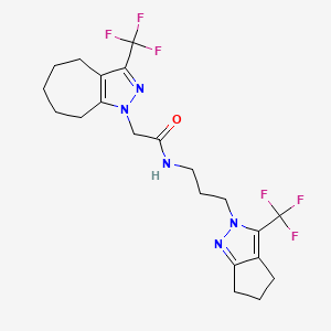 molecular formula C21H25F6N5O B10920376 N-{3-[3-(trifluoromethyl)-5,6-dihydrocyclopenta[c]pyrazol-2(4H)-yl]propyl}-2-[3-(trifluoromethyl)-5,6,7,8-tetrahydrocyclohepta[c]pyrazol-1(4H)-yl]acetamide 