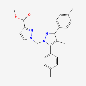 molecular formula C24H24N4O2 B10920736 methyl 1-{[4-methyl-3,5-bis(4-methylphenyl)-1H-pyrazol-1-yl]methyl}-1H-pyrazole-3-carboxylate 