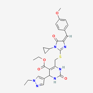 molecular formula C27H30N6O5S B10920980 ethyl 6-({[(4E)-1-cyclopropyl-4-(4-methoxybenzylidene)-5-oxo-4,5-dihydro-1H-imidazol-2-yl]sulfanyl}methyl)-4-(1-ethyl-1H-pyrazol-4-yl)-2-oxo-1,2,3,4-tetrahydropyrimidine-5-carboxylate 
