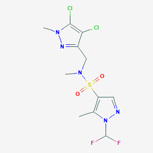 molecular formula C11H13Cl2F2N5O2S B10921335 N-[(4,5-dichloro-1-methyl-1H-pyrazol-3-yl)methyl]-1-(difluoromethyl)-N,5-dimethyl-1H-pyrazole-4-sulfonamide 