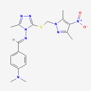 molecular formula C18H22N8O2S B10921392 N-{(E)-[4-(dimethylamino)phenyl]methylidene}-3-{[(3,5-dimethyl-4-nitro-1H-pyrazol-1-yl)methyl]sulfanyl}-5-methyl-4H-1,2,4-triazol-4-amine 