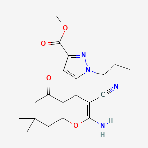 molecular formula C20H24N4O4 B10921429 Methyl 5-(2-amino-3-cyano-7,7-dimethyl-5-oxo-5,6,7,8-tetrahydro-4H-chromen-4-YL)-1-propyl-1H-pyrazole-3-carboxylate 