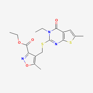 molecular formula C17H19N3O4S2 B10921600 Ethyl 4-{[(3-ethyl-6-methyl-4-oxo-3,4-dihydrothieno[2,3-d]pyrimidin-2-yl)sulfanyl]methyl}-5-methyl-1,2-oxazole-3-carboxylate 