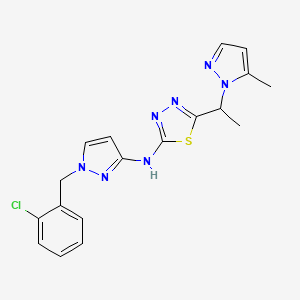 molecular formula C18H18ClN7S B10921912 N-[1-(2-chlorobenzyl)-1H-pyrazol-3-yl]-5-[1-(5-methyl-1H-pyrazol-1-yl)ethyl]-1,3,4-thiadiazol-2-amine 