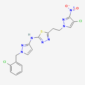 molecular formula C17H14Cl2N8O2S B10922366 N-[1-(2-chlorobenzyl)-1H-pyrazol-3-yl]-5-[2-(4-chloro-3-nitro-1H-pyrazol-1-yl)ethyl]-1,3,4-thiadiazol-2-amine 