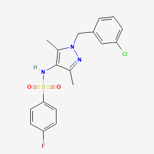 molecular formula C18H17ClFN3O2S B10922922 N-[1-(3-chlorobenzyl)-3,5-dimethyl-1H-pyrazol-4-yl]-4-fluorobenzenesulfonamide 
