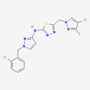 molecular formula C17H15Cl2N7S B10922995 N-[1-(2-chlorobenzyl)-1H-pyrazol-3-yl]-5-[(4-chloro-3-methyl-1H-pyrazol-1-yl)methyl]-1,3,4-thiadiazol-2-amine 