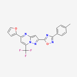 molecular formula C20H12F3N5O2 B10923079 5-(Furan-2-yl)-2-[3-(4-methylphenyl)-1,2,4-oxadiazol-5-yl]-7-(trifluoromethyl)pyrazolo[1,5-a]pyrimidine 