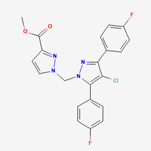 molecular formula C21H15ClF2N4O2 B10923085 methyl 1-{[4-chloro-3,5-bis(4-fluorophenyl)-1H-pyrazol-1-yl]methyl}-1H-pyrazole-3-carboxylate 