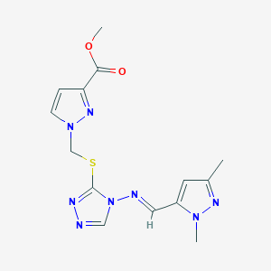 molecular formula C14H16N8O2S B10923964 methyl 1-{[(4-{[(E)-(1,3-dimethyl-1H-pyrazol-5-yl)methylidene]amino}-4H-1,2,4-triazol-3-yl)sulfanyl]methyl}-1H-pyrazole-3-carboxylate 