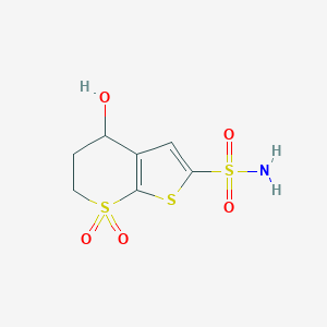 molecular formula C7H9NO5S3 B010924 5,6-Dihydro-4-hydroxy-4H-thieno[2,3-b]thiopyran-2-sulfonamide 7,7-dioxide CAS No. 105951-30-2