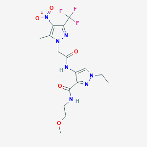 molecular formula C16H20F3N7O5 B10924878 1-ethyl-N-(2-methoxyethyl)-4-({[5-methyl-4-nitro-3-(trifluoromethyl)-1H-pyrazol-1-yl]acetyl}amino)-1H-pyrazole-3-carboxamide 