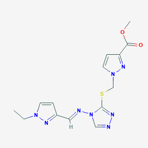 molecular formula C14H16N8O2S B10925220 methyl 1-{[(4-{[(E)-(1-ethyl-1H-pyrazol-3-yl)methylidene]amino}-4H-1,2,4-triazol-3-yl)sulfanyl]methyl}-1H-pyrazole-3-carboxylate 