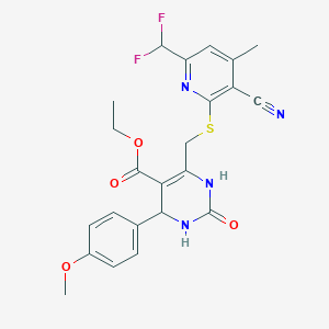 molecular formula C23H22F2N4O4S B10927036 Ethyl 6-({[3-cyano-6-(difluoromethyl)-4-methylpyridin-2-yl]sulfanyl}methyl)-4-(4-methoxyphenyl)-2-oxo-1,2,3,4-tetrahydropyrimidine-5-carboxylate 