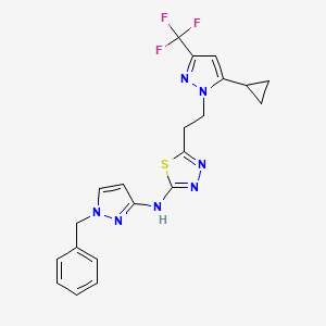 molecular formula C21H20F3N7S B10932804 N-(1-benzyl-1H-pyrazol-3-yl)-5-{2-[5-cyclopropyl-3-(trifluoromethyl)-1H-pyrazol-1-yl]ethyl}-1,3,4-thiadiazol-2-amine 