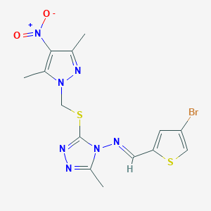 molecular formula C14H14BrN7O2S2 B10936184 N-[(E)-(4-bromothiophen-2-yl)methylidene]-3-{[(3,5-dimethyl-4-nitro-1H-pyrazol-1-yl)methyl]sulfanyl}-5-methyl-4H-1,2,4-triazol-4-amine 