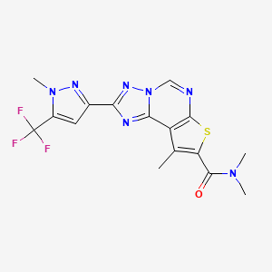 molecular formula C16H14F3N7OS B10937314 N,N,9-trimethyl-2-[1-methyl-5-(trifluoromethyl)-1H-pyrazol-3-yl]thieno[3,2-e][1,2,4]triazolo[1,5-c]pyrimidine-8-carboxamide 