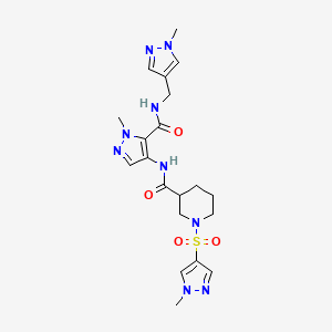 molecular formula C20H27N9O4S B10937582 N-(1-methyl-5-{[(1-methyl-1H-pyrazol-4-yl)methyl]carbamoyl}-1H-pyrazol-4-yl)-1-[(1-methyl-1H-pyrazol-4-yl)sulfonyl]piperidine-3-carboxamide 