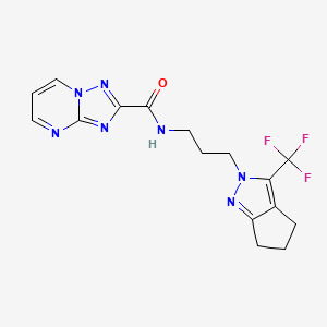 molecular formula C16H16F3N7O B10937839 N-{3-[3-(trifluoromethyl)-5,6-dihydrocyclopenta[c]pyrazol-2(4H)-yl]propyl}[1,2,4]triazolo[1,5-a]pyrimidine-2-carboxamide 