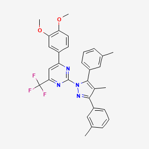 molecular formula C31H27F3N4O2 B10938042 4-(3,4-dimethoxyphenyl)-2-[4-methyl-3,5-bis(3-methylphenyl)-1H-pyrazol-1-yl]-6-(trifluoromethyl)pyrimidine 