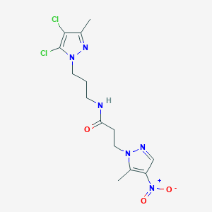 molecular formula C14H18Cl2N6O3 B10938600 N-[3-(4,5-dichloro-3-methyl-1H-pyrazol-1-yl)propyl]-3-(5-methyl-4-nitro-1H-pyrazol-1-yl)propanamide 