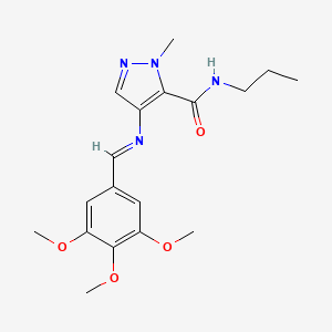 molecular formula C18H24N4O4 B10944816 1-methyl-N-propyl-4-{[(E)-(3,4,5-trimethoxyphenyl)methylidene]amino}-1H-pyrazole-5-carboxamide 