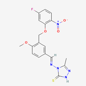 molecular formula C18H16FN5O4S B10945075 4-{[(E)-{3-[(5-fluoro-2-nitrophenoxy)methyl]-4-methoxyphenyl}methylidene]amino}-5-methyl-4H-1,2,4-triazole-3-thiol 