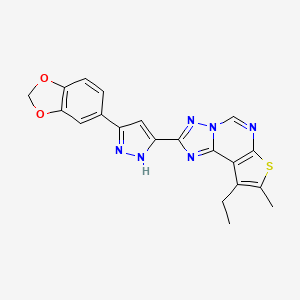 molecular formula C20H16N6O2S B10945608 2-[5-(1,3-benzodioxol-5-yl)-1H-pyrazol-3-yl]-9-ethyl-8-methylthieno[3,2-e][1,2,4]triazolo[1,5-c]pyrimidine 