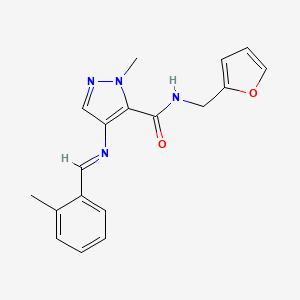 molecular formula C18H18N4O2 B10945615 N-(furan-2-ylmethyl)-1-methyl-4-{[(E)-(2-methylphenyl)methylidene]amino}-1H-pyrazole-5-carboxamide 