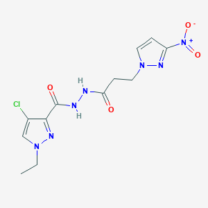 molecular formula C12H14ClN7O4 B10946198 4-chloro-1-ethyl-N'-(3-{3-nitro-1H-pyrazol-1-yl}propanoyl)-1H-pyrazole-3-carbohydrazide 