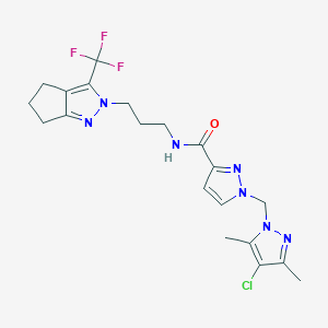 molecular formula C20H23ClF3N7O B10950010 1-[(4-chloro-3,5-dimethyl-1H-pyrazol-1-yl)methyl]-N-{3-[3-(trifluoromethyl)-5,6-dihydrocyclopenta[c]pyrazol-2(4H)-yl]propyl}-1H-pyrazole-3-carboxamide 